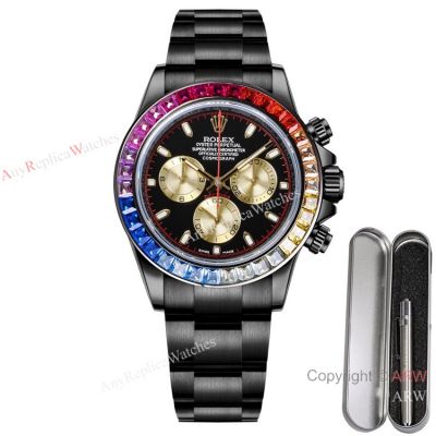 Swiss Replica Daytona Rolex Blaken Rainbow 7750 Watch Gold Subdials